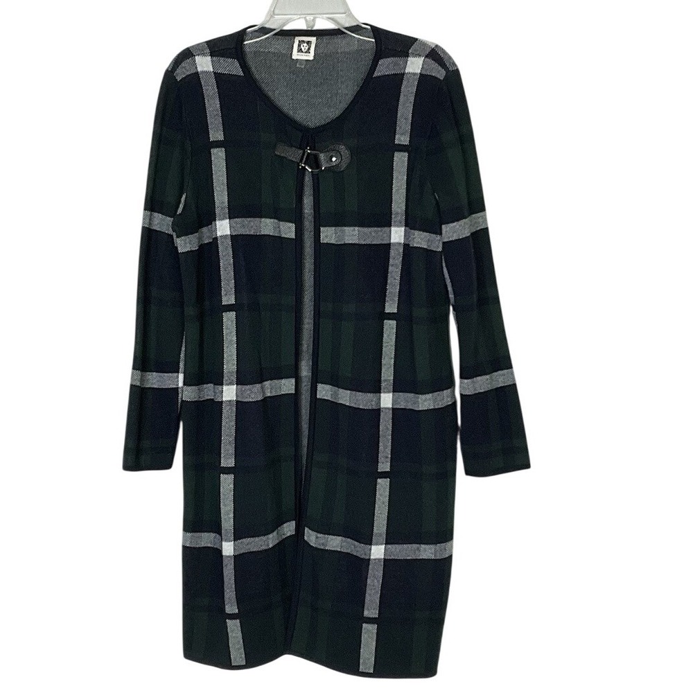 Anne Klein Dark Green Plaid Buckle Accent Closure Cardigan Sweater Size Large.